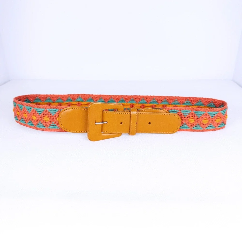 Boho Vintage Coral Turquoise Woven Textile Belt Leather Buckle Geometric 70s